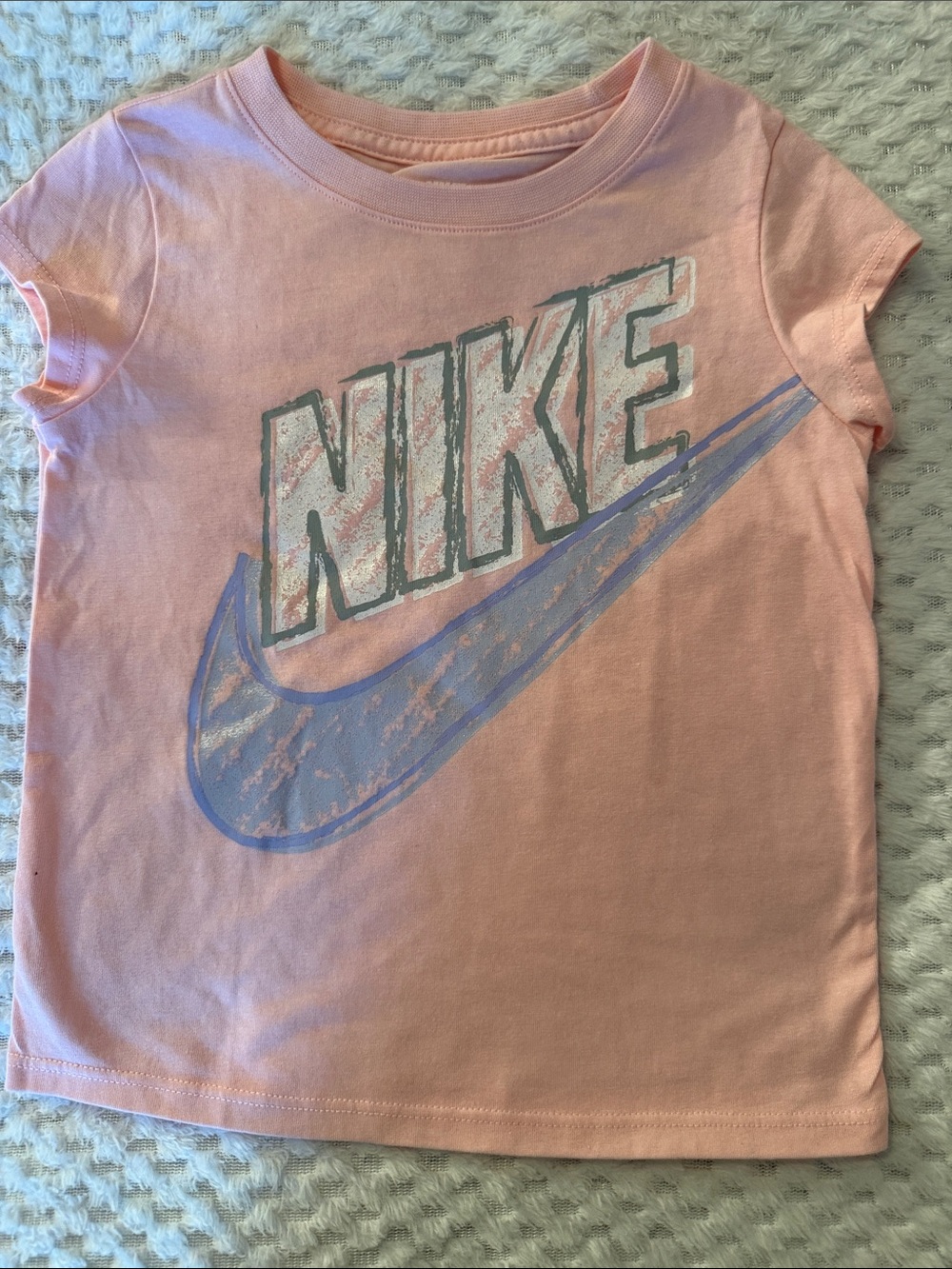 Nike Pink Tee with Washed Blue Swoosh and Distressed Logo